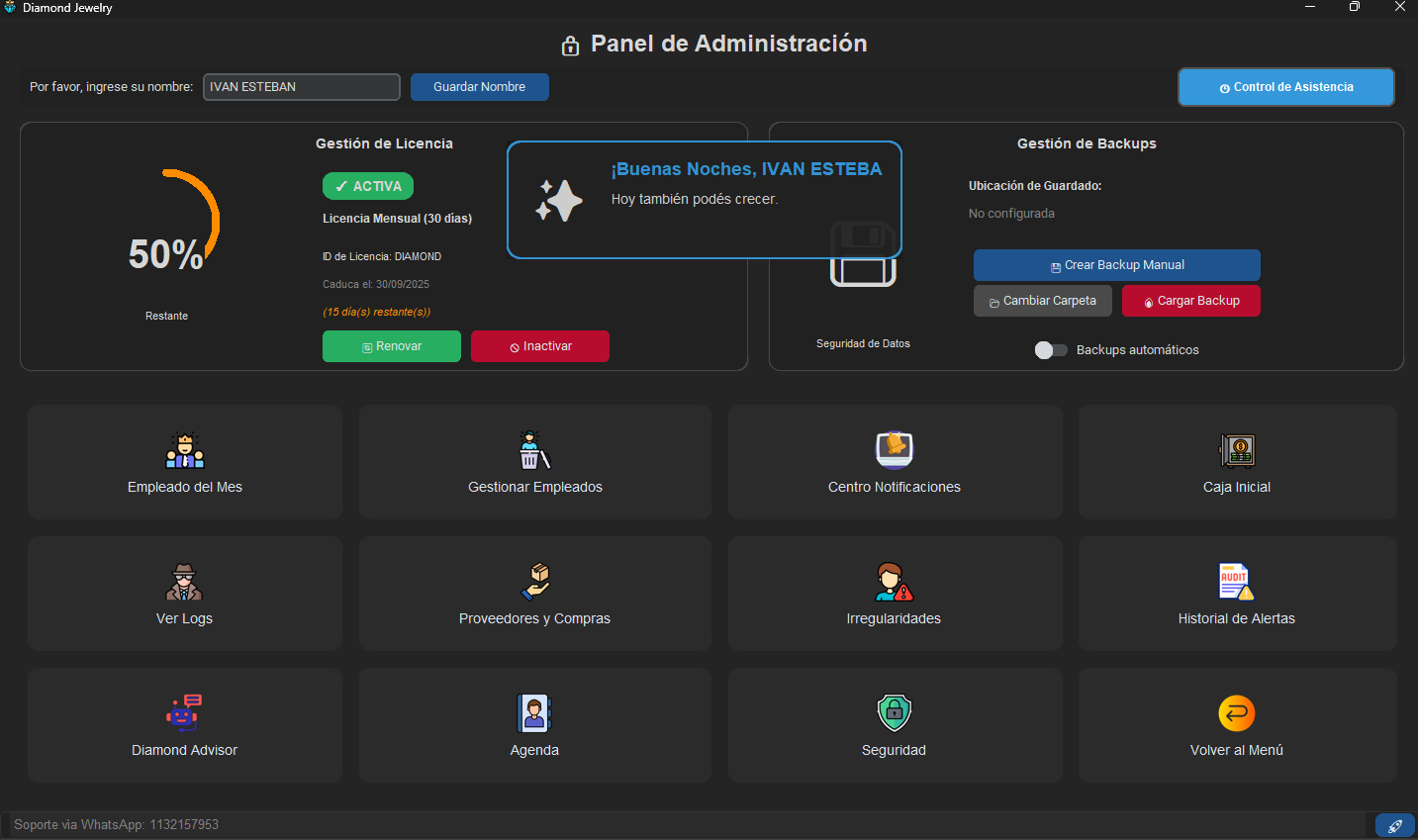 Panel de administrador del software Diamond Jewelry